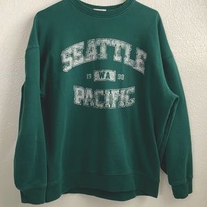 garage dark green graphic crew neck sweatshirt, “seattle wa pacific”